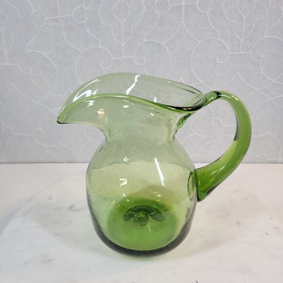 VTG Slung Glass Pitcher 7.25" Green Hand Blown Bubbles Wide Ribbon Mouth Handle - Picture 2 of 16